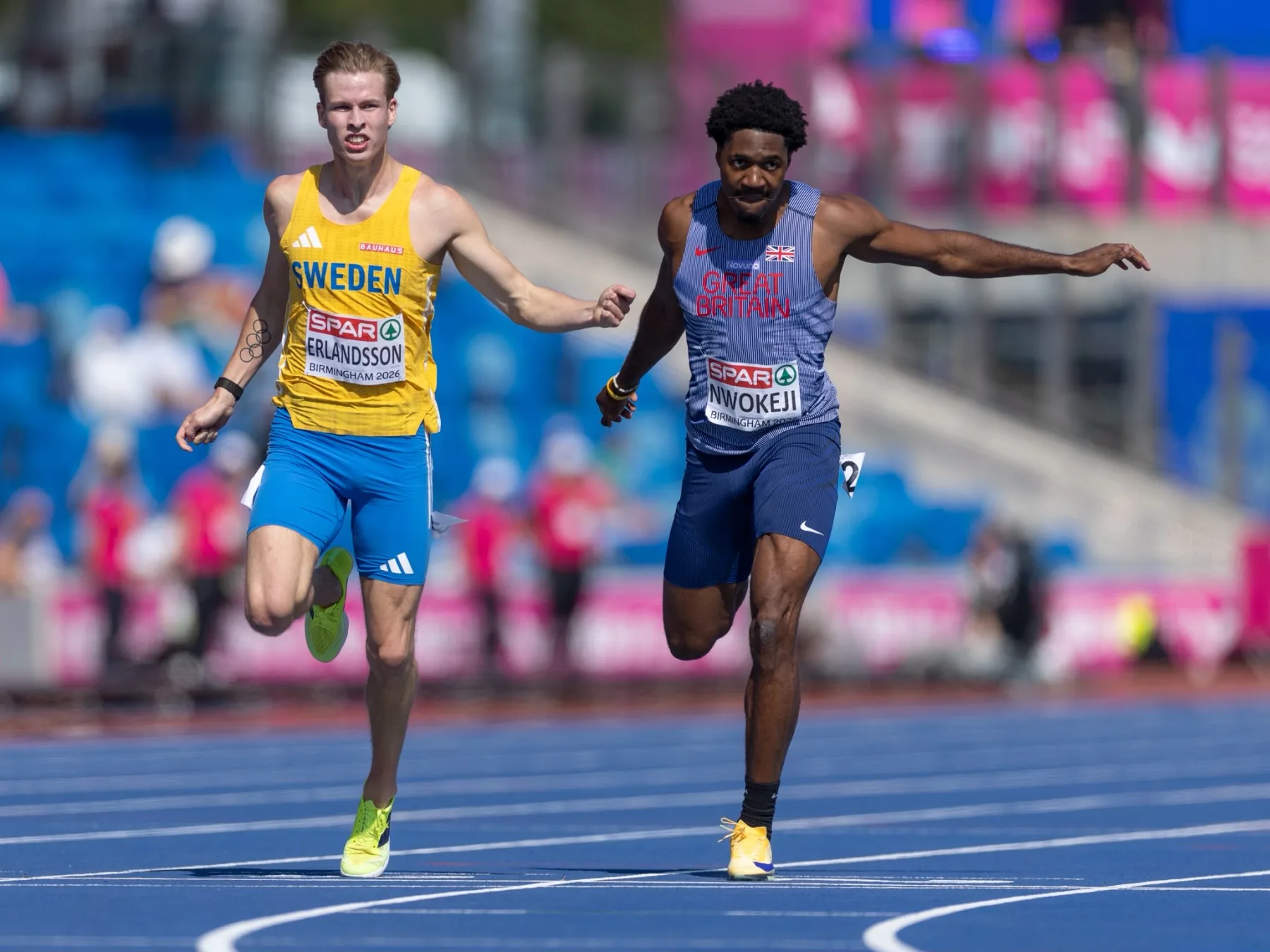 Ebuka Nwokeji racing in the Great Britain vest at the 2026 European Championships in Birmingham
