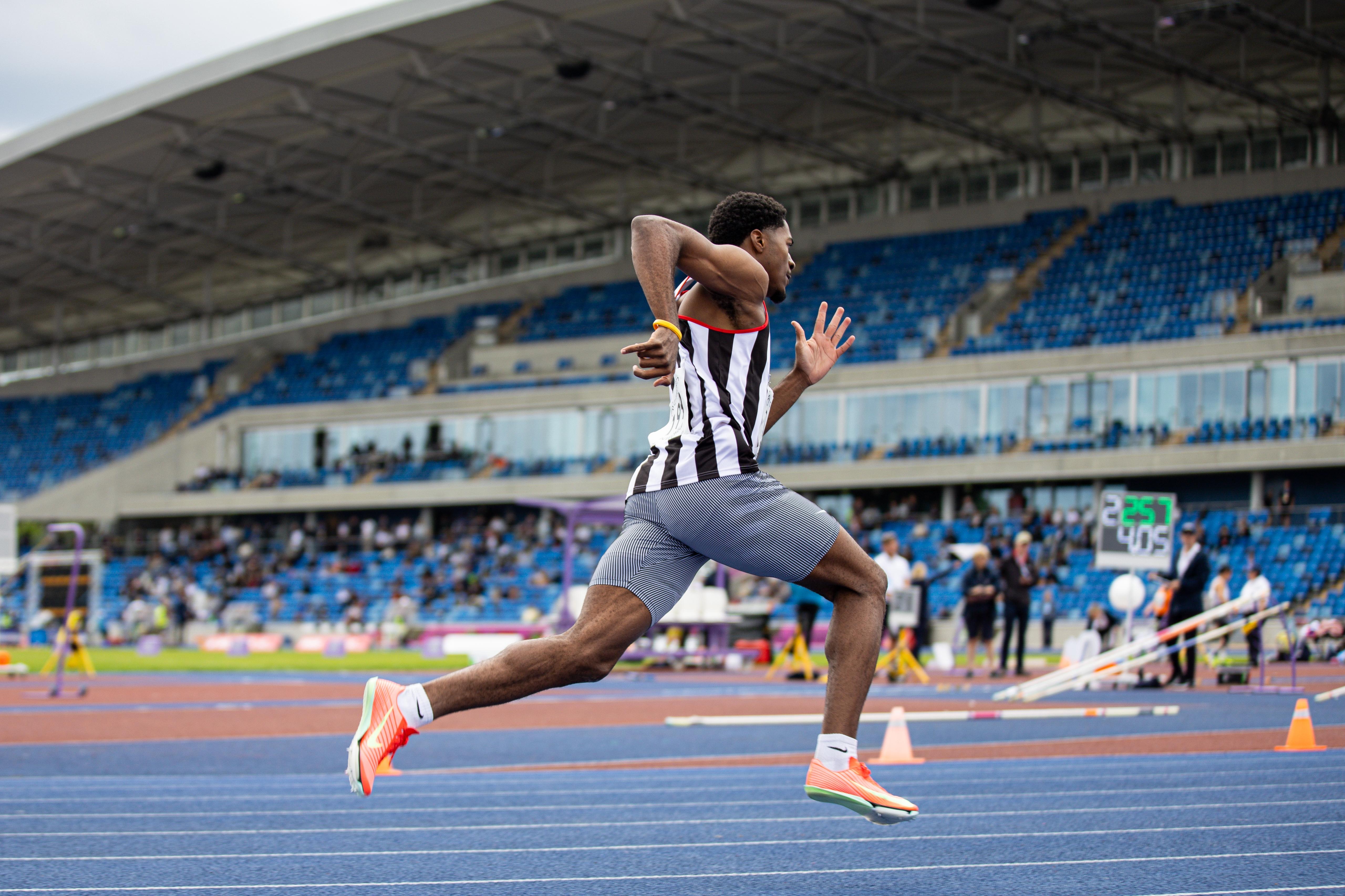 Ebuka Nwokeji at full stride on the track at the British Championships
